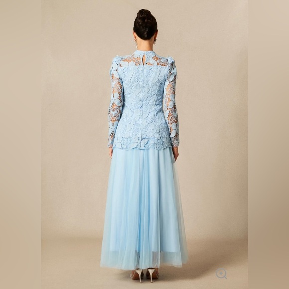 Embroidered Light Blue Lace Maxi Dress | Long Sleeve Formal | New with Tags - Picture 7 of 11
